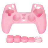 Pink Glitter Anti-Slip Protective Silicone Cover Skin Grips Compatible with PS5/Slim/Pro Controller,8 PCS Glitter Thumb Grips Caps and 2 Grips Caps.