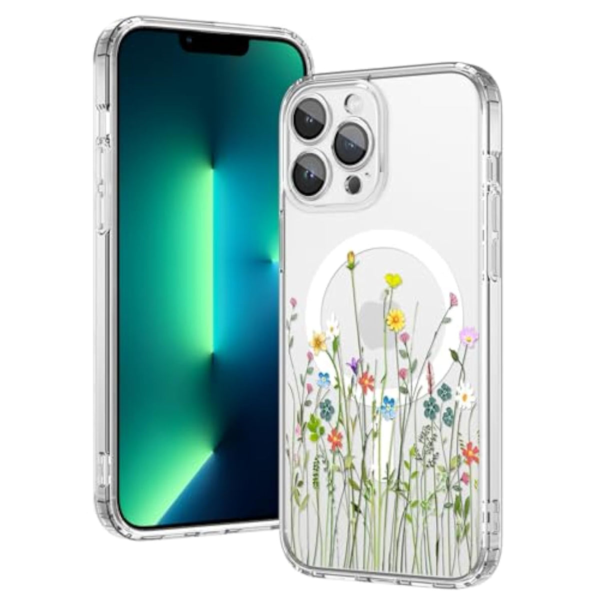OOK Magnetic for iPhone 13 Pro Case [Compatible with Magsafe] Colorful Wild Flowers Floral Design Clear Case with Full Camera Lens for iPhone 13 Pro Phone Case, Wild Flowers (6.1")