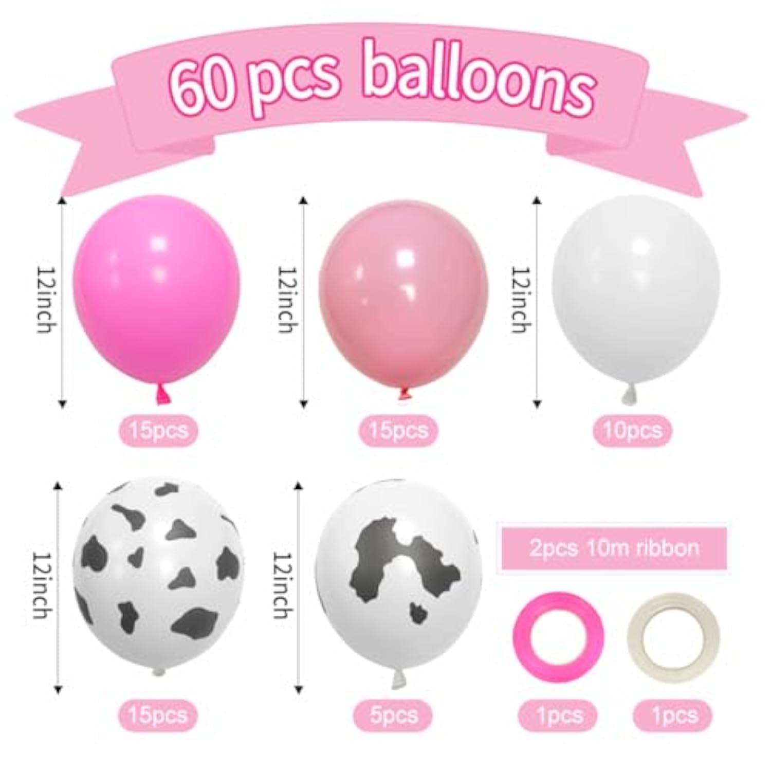 60PCS Cow Print & Pink Balloons – 12" Latex Balloons for Cowgirl, Farm, or Birthday Parties