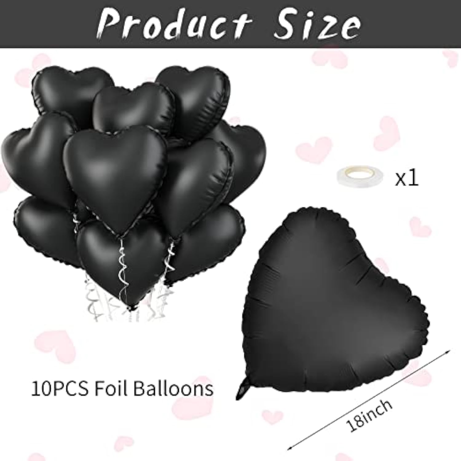 10Pcs Black Heart Foil Balloons - 18" Metallic for Halloween, Valentine’s, Wedding & Birthday