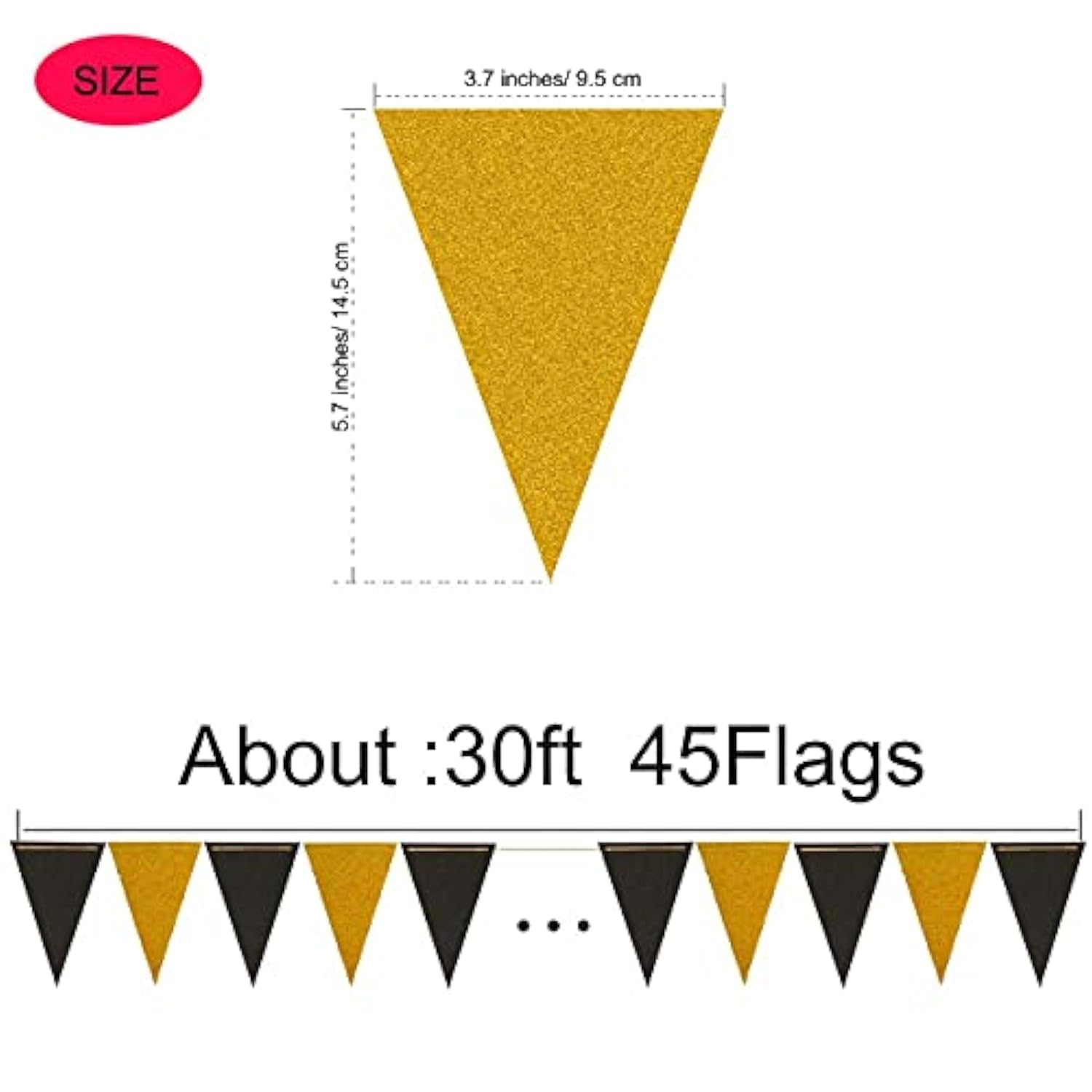 Triangle Flag Bunting Banner, 3 Pack 30 Feet Vintage Style Pennant Banner For Wedding, Baby Shower, Event & Party Supplies 45Pcs Flags (Triangle Flag - Black Gold Glitter)