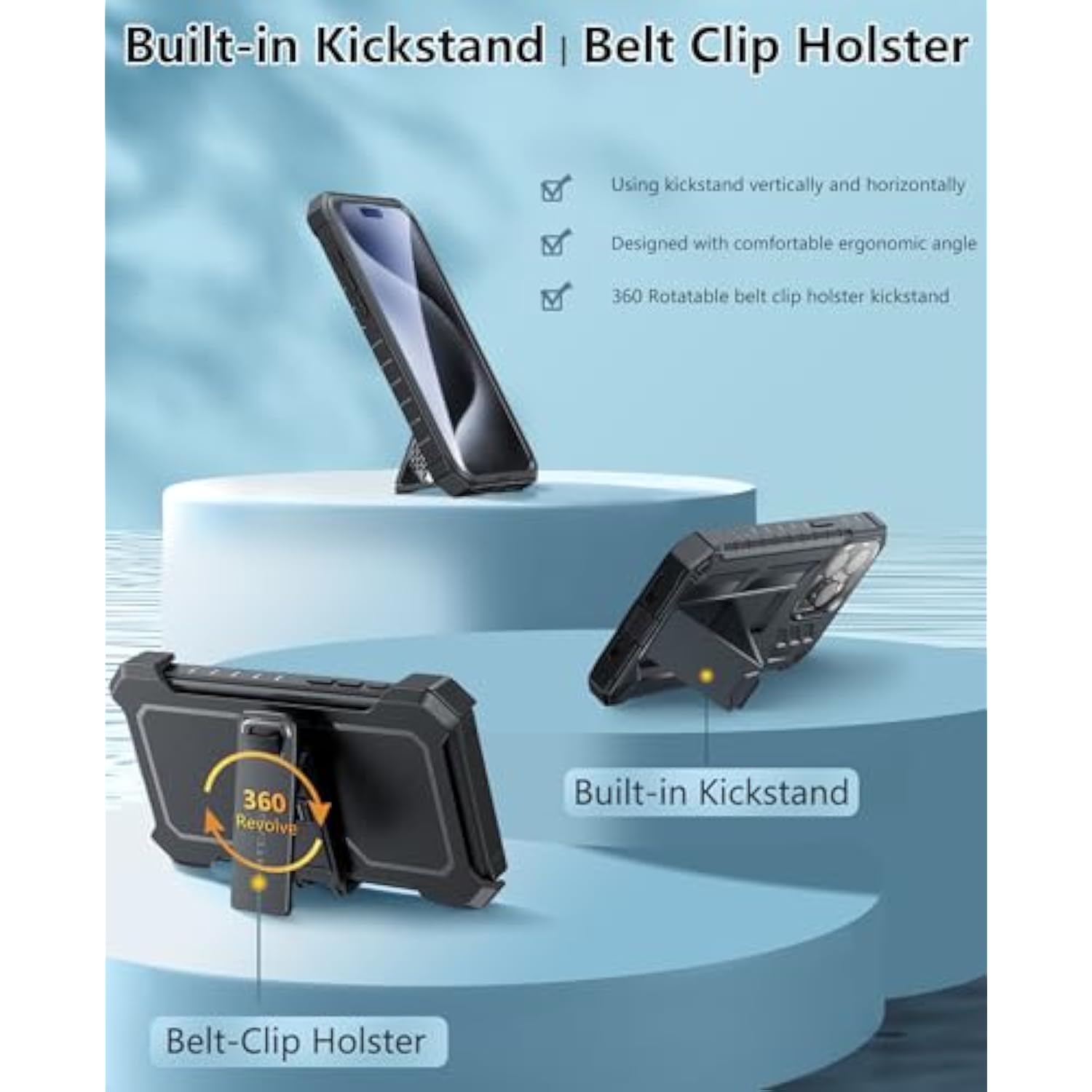 For Iphone 15-Pro-Max Phone Case 6.7", Built-In Screen Protector & Kickstand & Belt-Clip Heavy Duty Military Grade Shockproof Protection Rugged Case - Black