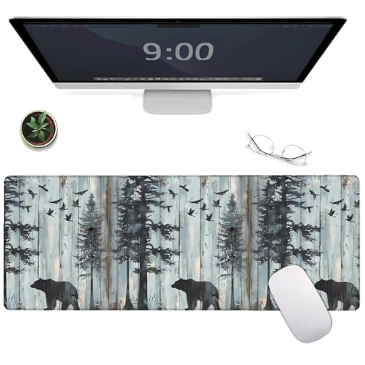Mypos Bear Large Gaming Mouse Pad,Rustic Branches Bird Desk Mat,31.5X11.8X0.12In Extended Non-Slip Rubber Woodland Retro Mousepad,Computer Desk Mat Gifts,Laptop Mice Pads Decor For Office Home