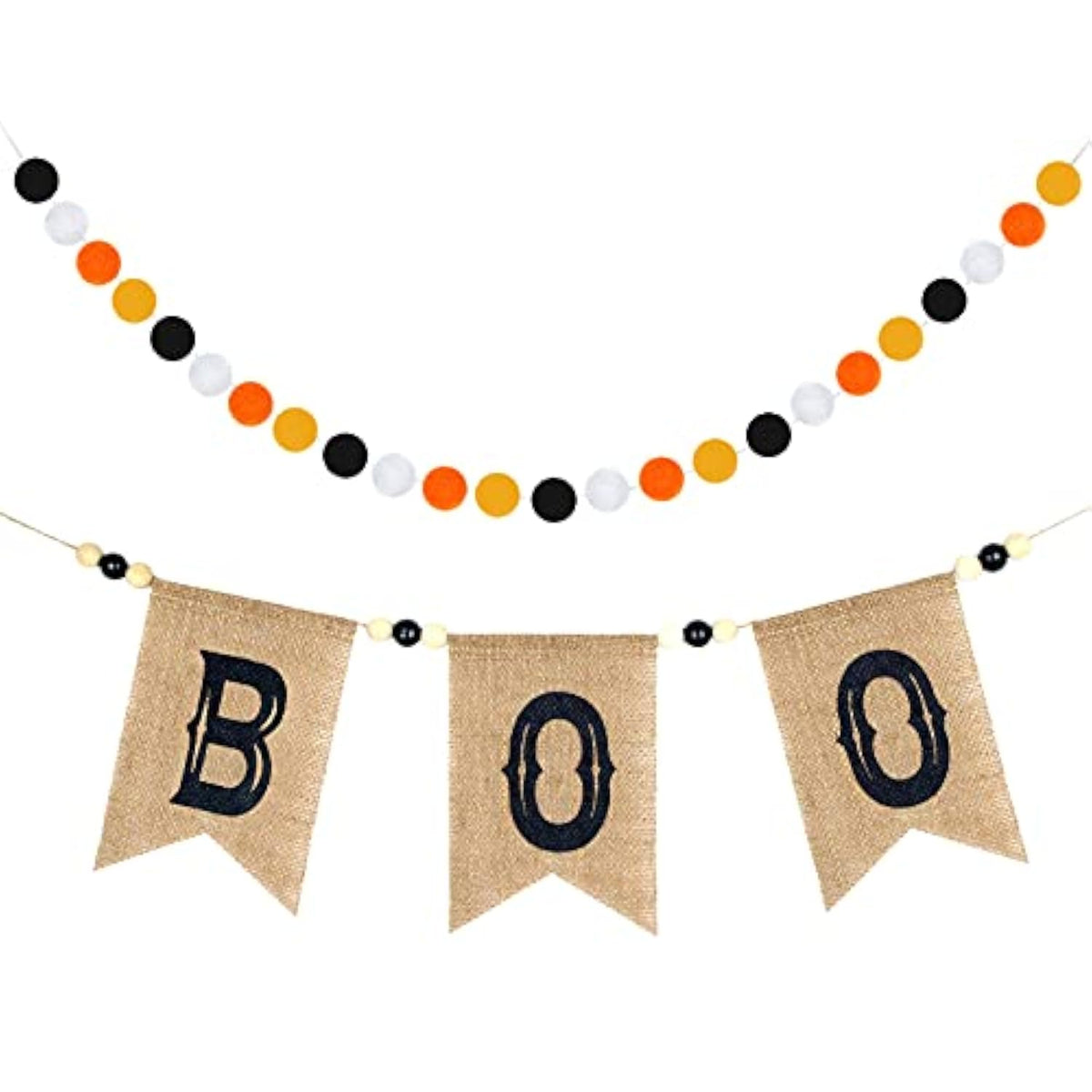 2Pcs Pre Strung Happy Halloween Banners Rustic Burlap Boo Felt Pom Pom Garland Decor