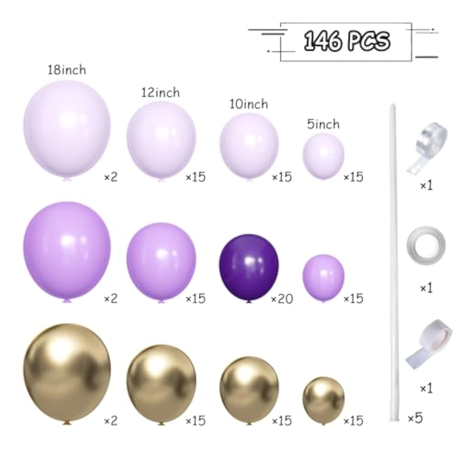 Grey Violet Maca Purple Gold Balloons Garland Arch Kit, 146Pcs Latex Balloons Different Sizes 18 12 10 5 Inch For Party Decoration Birthday Wedding Engagements Anniversary Baby Shower