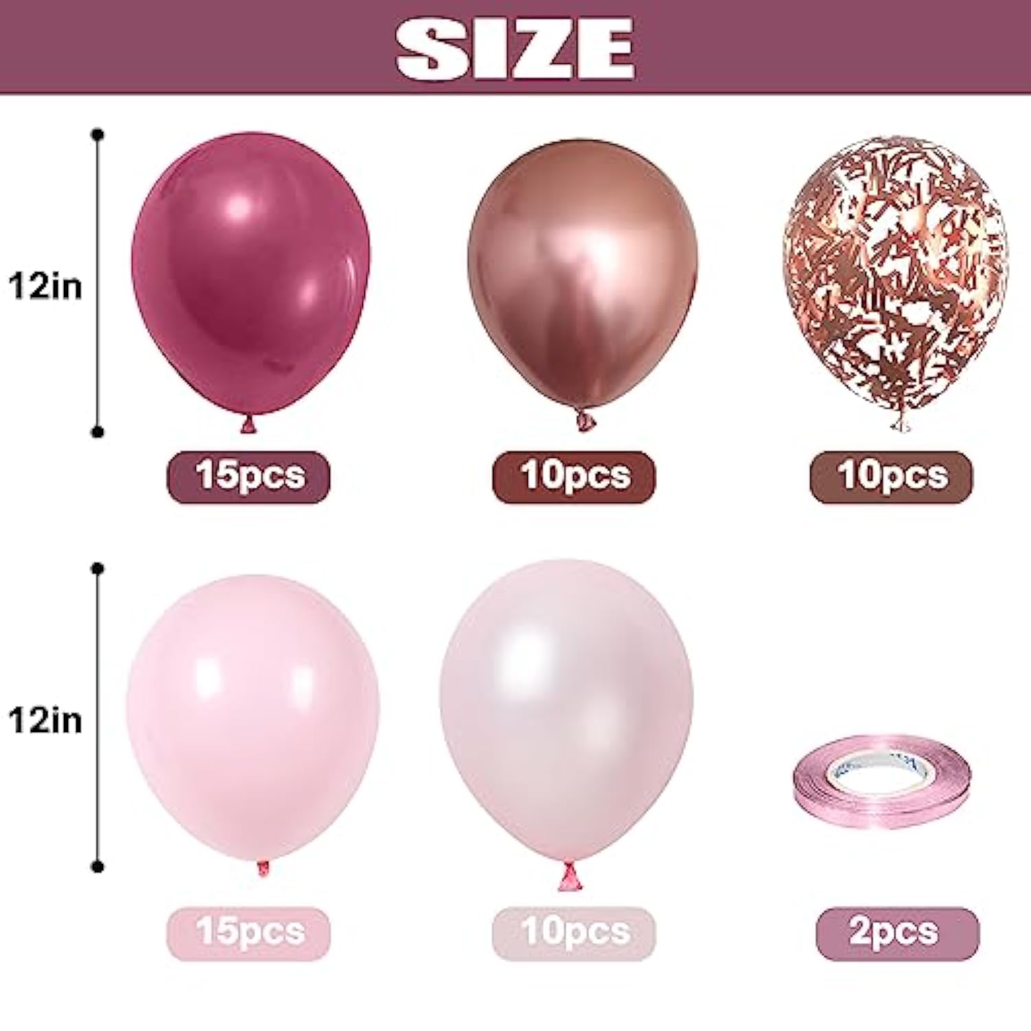 Dusty Rose Balloon Set, 60 Packs 12 Inch Retro Pink Metallic Chrome Rose Gold Pearl Macaron Light Pink Balloons For Girls Birthday Decorations, Bridal Shower, Wedding, Bachelorette Party