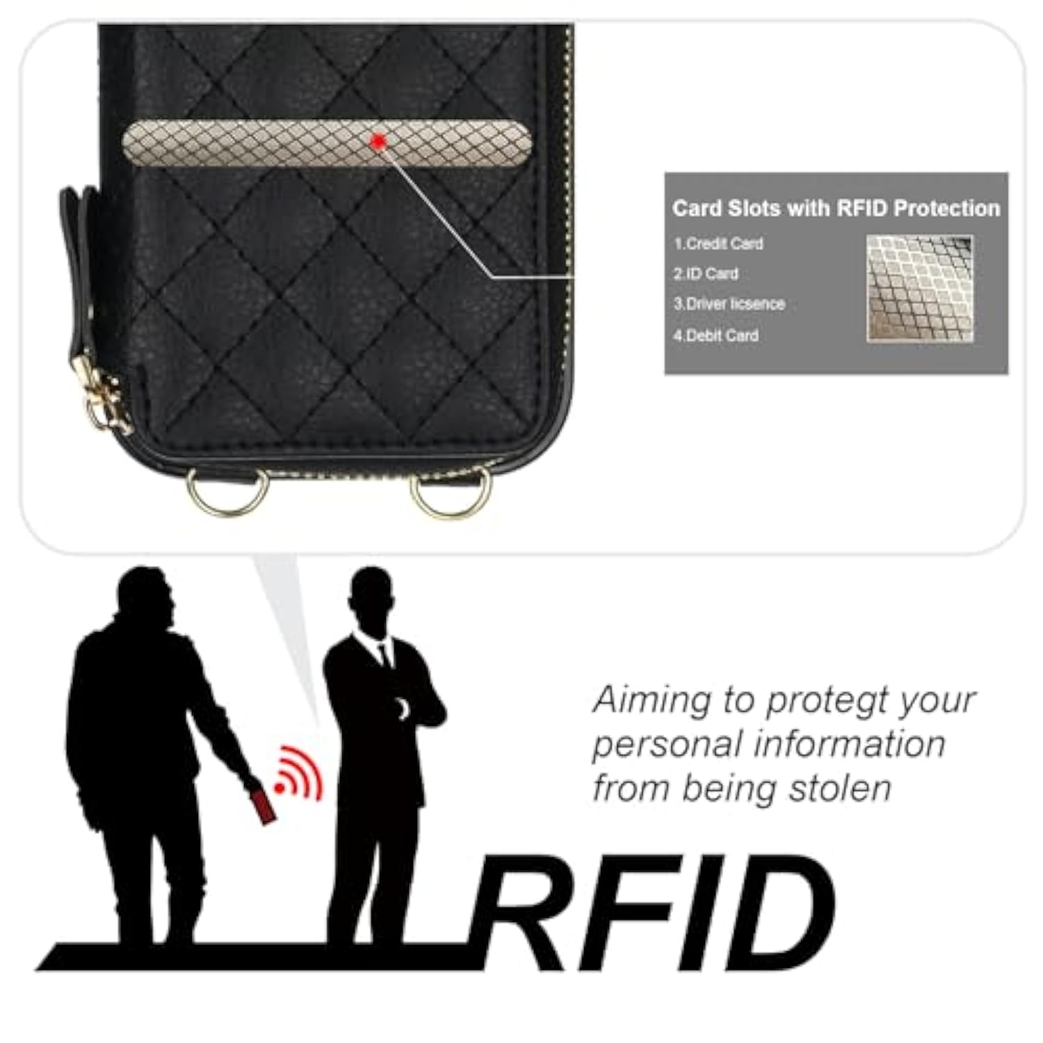 Crossbody Wallet Case For Iphone 17 Pro, Rfid Blocking Pu Leather Zipper Handbag Purse Flip Cover, Kickstand Folio Case With Card Slots Holder Wrist Strap Lanyard 5G 6.3 Inch (Black)