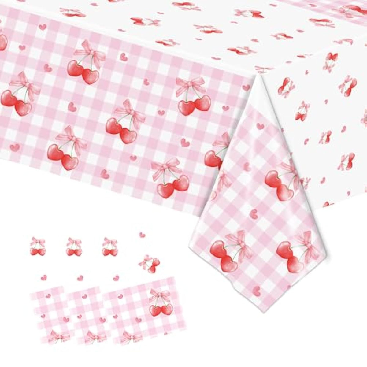 3Pcs Cherry Tablecloth Birthday Party Decoration, Cherry Plastic Tableclothes Disposable Waterproof Rectangle Bow Favor Tablecovers For Birthday Baby Shower Bridal Bachelorette Party Decor Supplies