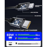 Retractable Car Charger, 4 In 1 Fast Car Phone Charger 69W, 2 Retractable Cables And 2 Usb Port, Compatible With Iphone 16/15/14/13/12/11,Galaxy,Pixel