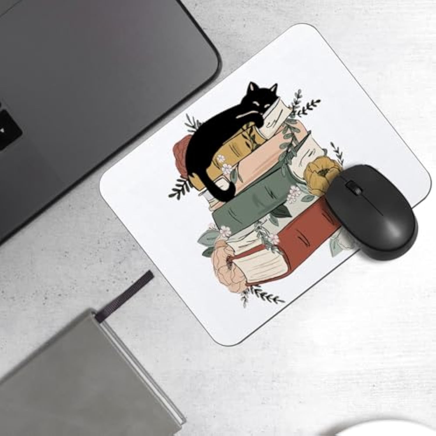 Black Cat Mouse Pad, Cat And Floral Book Square Mouse Pads For Desk, Gifts For Cat Lovers Book Lovers, Cat Desk Accessories, Cat Office Supplies, Cat Mom Gifts, Cat Lady Gifts, 9.5X7.9 Inch