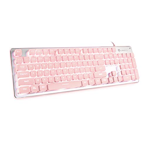 Computer Keyboard, Backlit Led Pink For Office, All-Metal Panel Usb Wired Membrane, 25 Keys Anti-Ghosting, 104 Keys Laptop Compatible