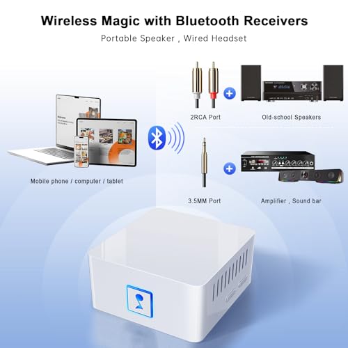 Bluetooth 5.3 Receiver for Home Stereo, Wireless Audio Adapter, HiFi Music Streaming, Amplifier,Long Range Low Latency, 3.5mm AUX & RCA Output, USB-C