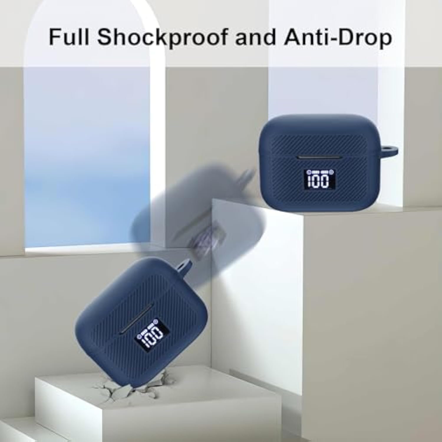 Compatible With Tozo T20 Case Cover, Soft Silicone Skin Case With Keychain, Shock Absorbing And Anti-Drop Protective Case With Led Power Display For Men And Women [Front Led Visible] Dark Blue