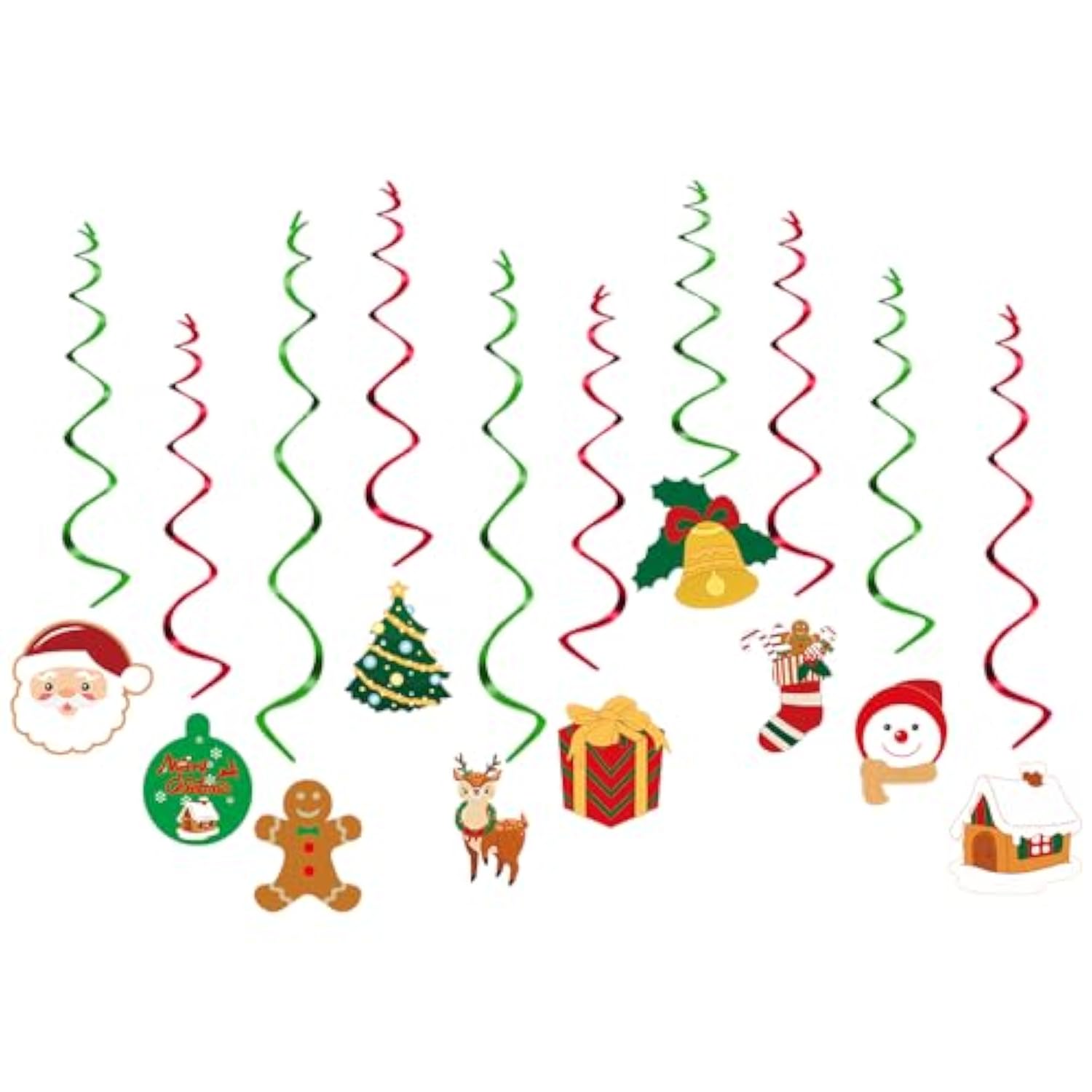 Merry-Christmas Ceiling Hanging Foil-Swirl Decorations - 20Pcs Red Green Tree Socks Snowman Santa Claus Elk Gifts Streamers Garland, Fireplace Window Room Indoor Holiday Party Supplies