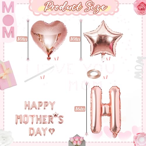 Happy Mother's Day Balloons, Rose Gold 16 Inches Mother Foil Letter Balloons with Star Heart Balloon for Mother's Day Mom Birthday Appreciation Baby Shower Family Celebration Party Decoration Supplies