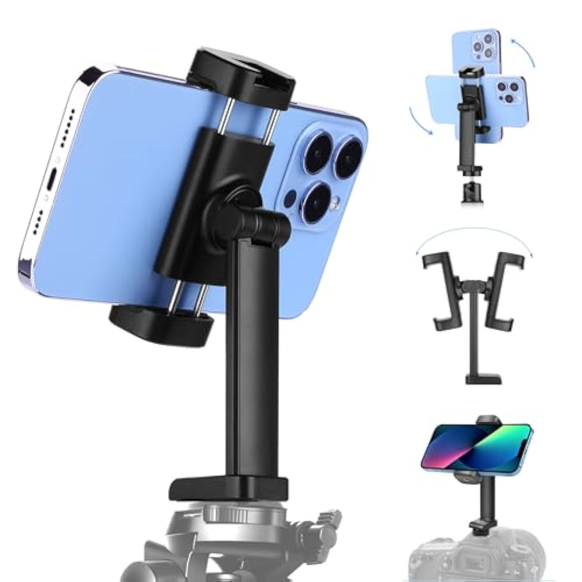 Cell Phone Holder Vertical And Horizontal Tripod Mount Adapter Rotation Bracket Adjustable Clip With Cold Shoe And 1/4" Screw For Iphone, Android Phone, Selfie Stick, Monopod, Camera