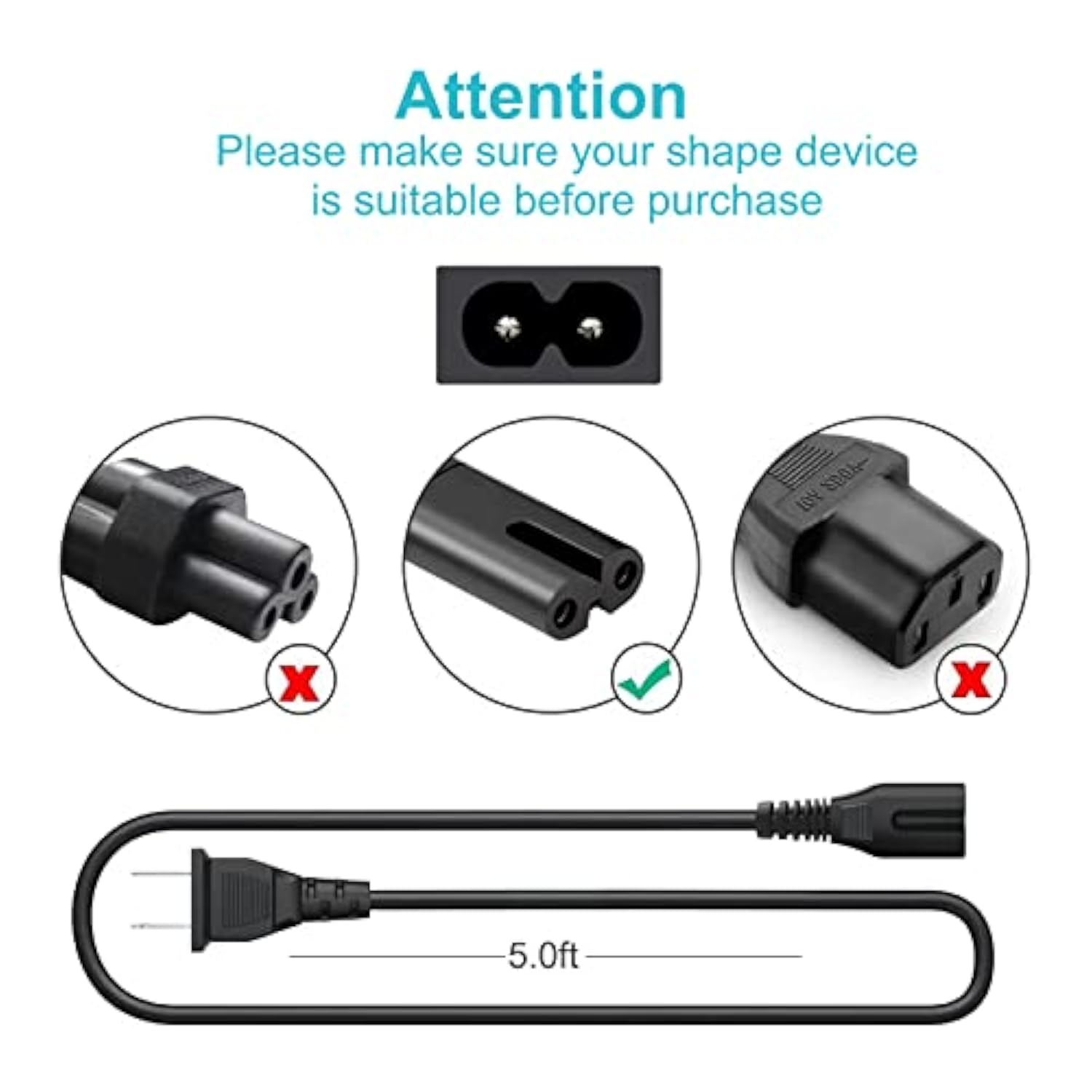 2-Prong AC Power Cord for JBL Partybox and Onn Bluetooth Speakers