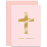 Old English Co. Baptism Card For Girl - Pink Crucific Cross Gold Foil Card - Christening Baby Naming Day - For Niece, Goddaughter, Daughter, Grandaughter | Blank Inside With Envelope