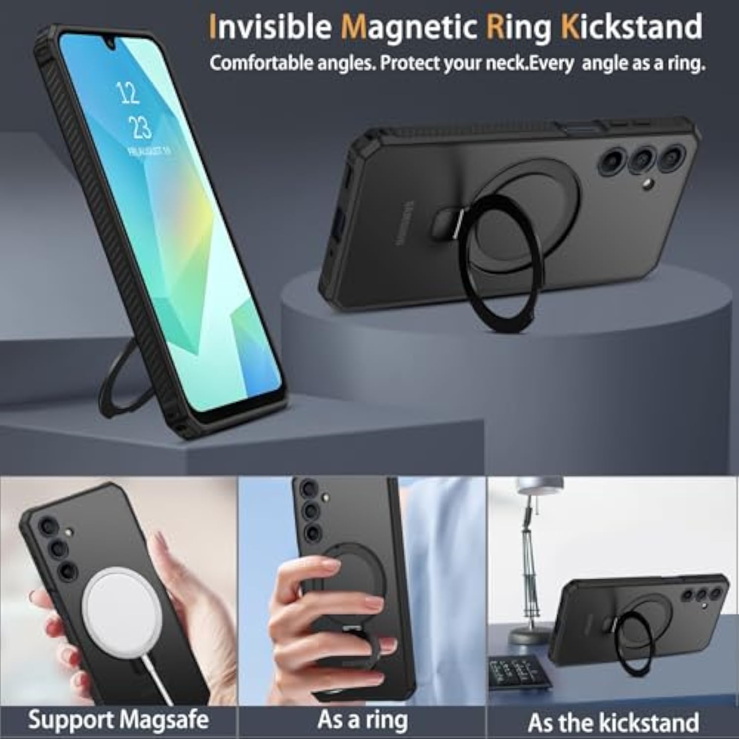 For Samsung Galaxy A16 5G Case With Stand, Magnetic Invisible Ring Holder Translucent Matte Back Slim Shockproof Protective Kickstand Case For Samsung Galaxy A16 5G, Black