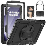 Case For Samsung Galaxy Tab A9+/ A9 Plus Case 11" 2023 (Smx210/X216/X218), Heavy Duty Shockproof Protective Case With Screen Protector, Rotating Stand And Hand/Shoulder Strap, Black