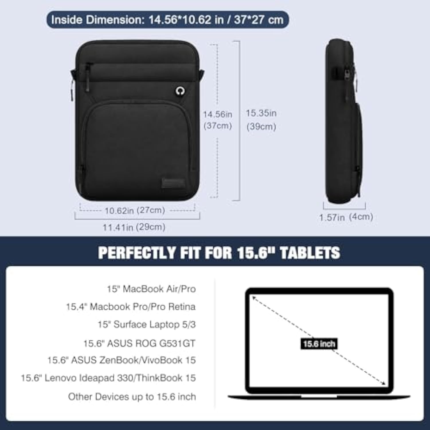 MoKo 15.6 Inch Laptop Sleeve Bag, Fits 15.3" MacBook Air M2/M3, 15.4" MacBook Pro/Pro Retina, 15" Surface Laptop 5/3, 15.6" ASUS ROG G531GT,Multifunctional Bag with Shoulder and Headphone Port,Black