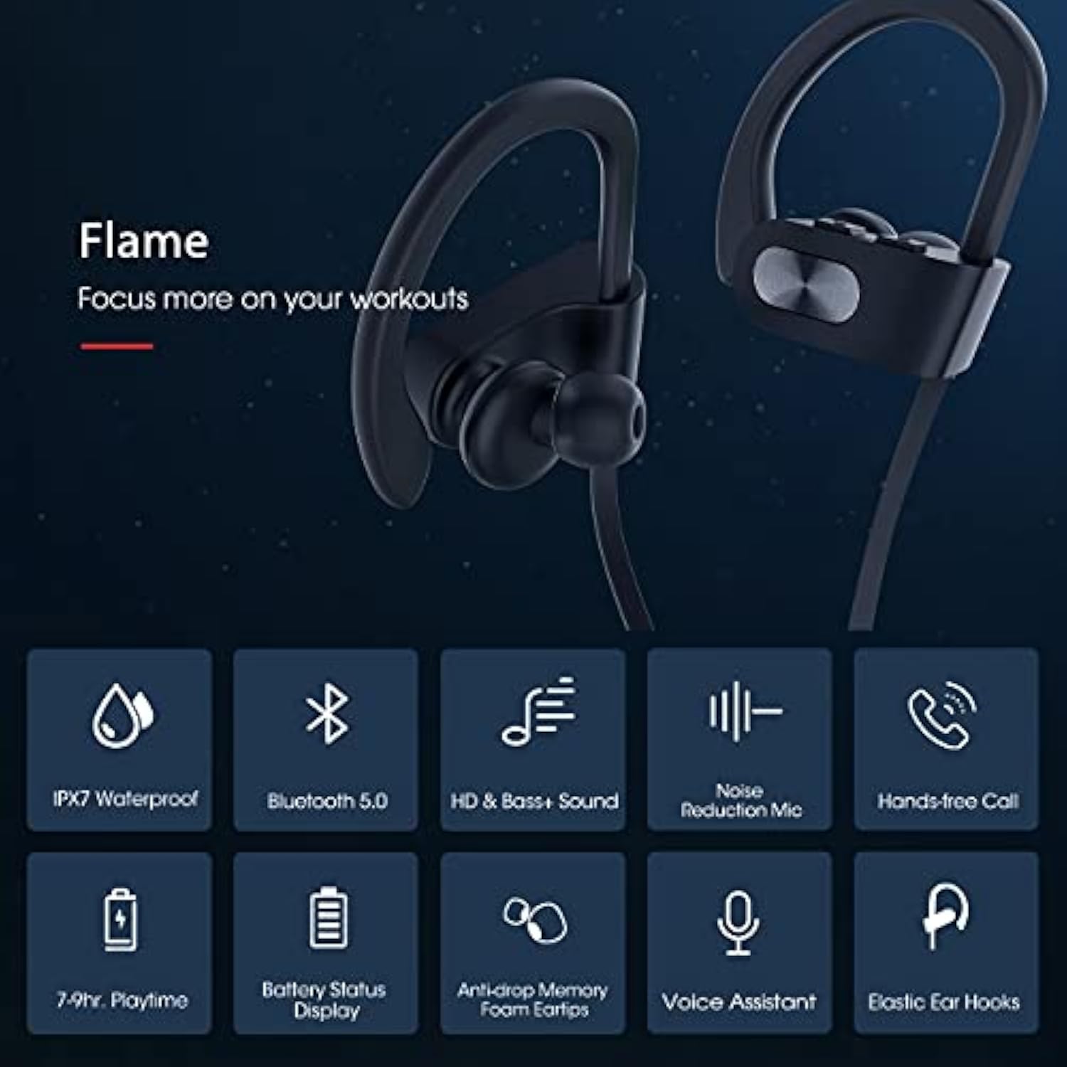 Bluetooth Headphones V5.0,Running Headphones W/16 Hrs Playtime, Bass+ Hd Stereo Wireless Sports Earphones W/Ipx7 Waterproof Earbuds In Ear For Workout, Gym W/Cvc6.0 Noise Cancelling Mic Black