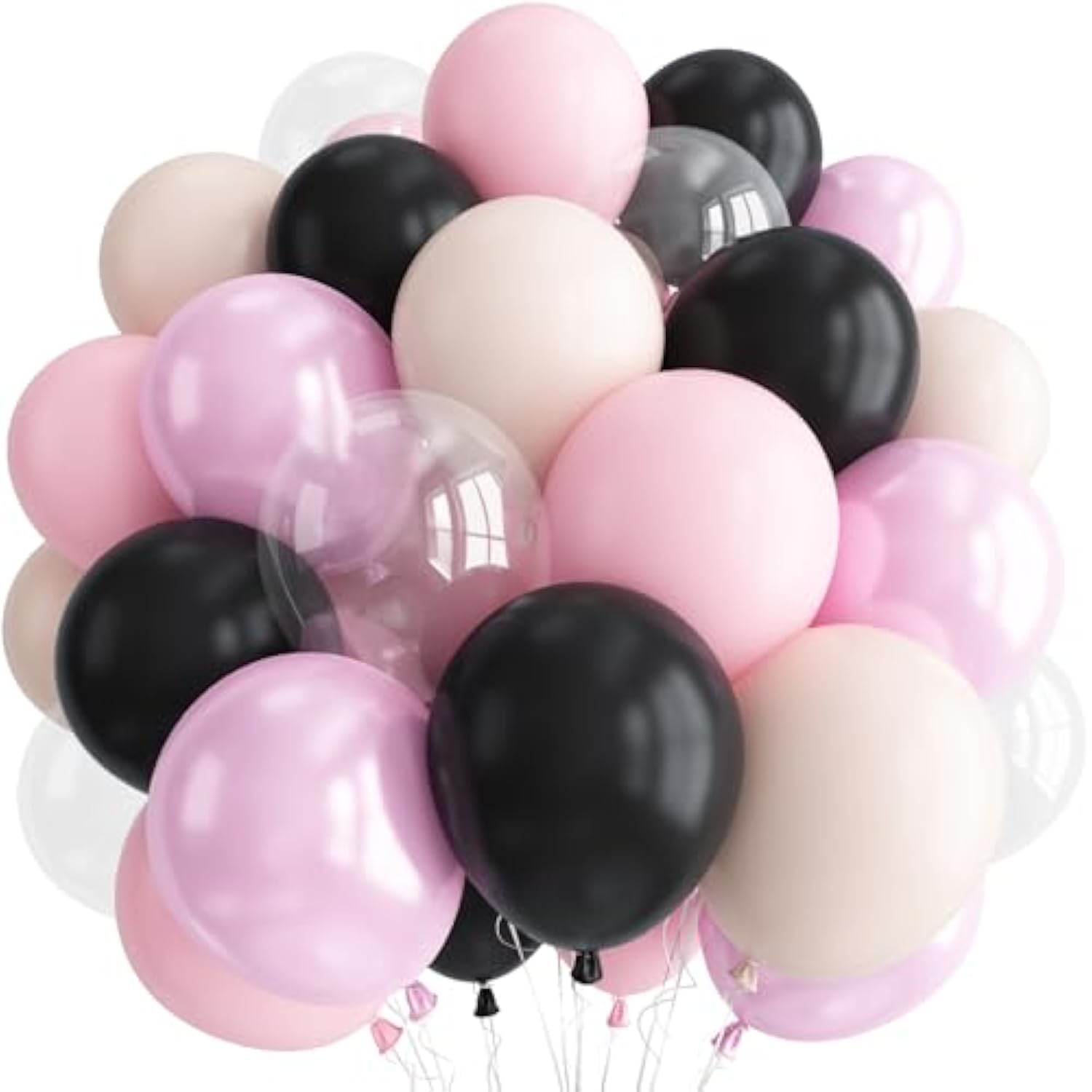 Black And Pink Balloons Set, Black White Clear Double Pearl White Pastel Pink Latex Balloons Set For Girl Women Bridal Baby Shower Wedding Valentines Sweet 16 Princess Birthday Party Decorations