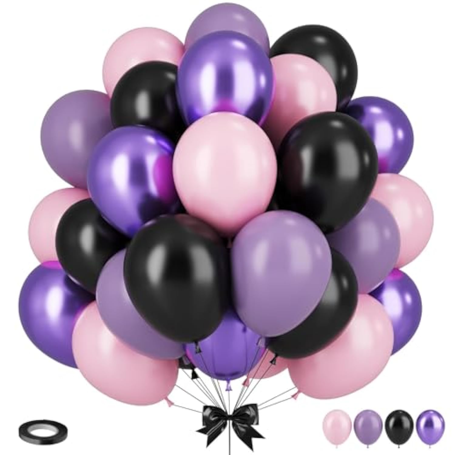 Purple Pink Balloons, 12 Inchs Black Pink Purple Metallic Purple Balloons, Pink And Black Birthday Balloons For Birthday Party Baby Shower Wedding Decorations