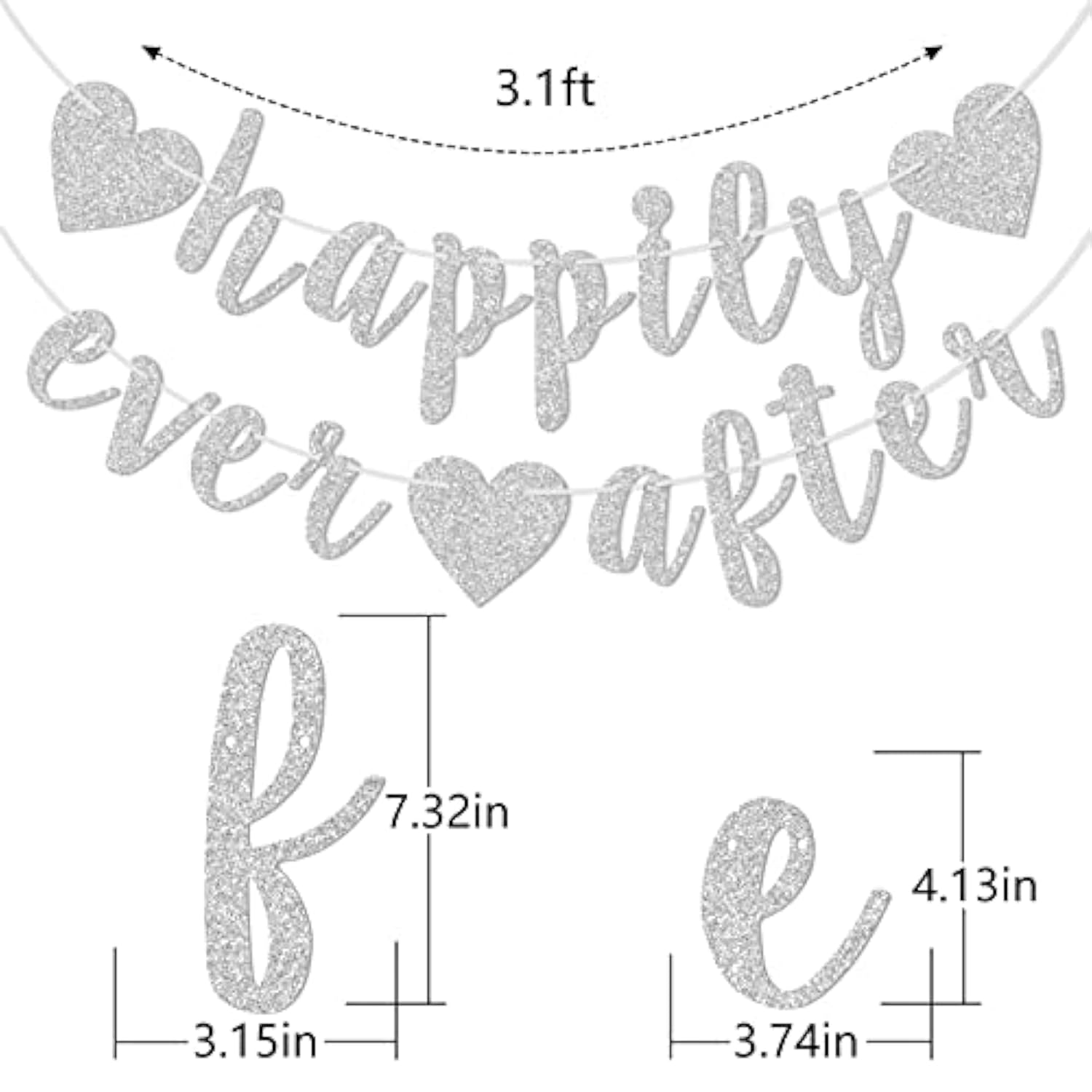 Happily Ever After Silver Glitter Bunting Banner, Engagement, Bridal Shower, Wedding Party Photo Booth Props Signs,Pre-Strung Cursive Bunting