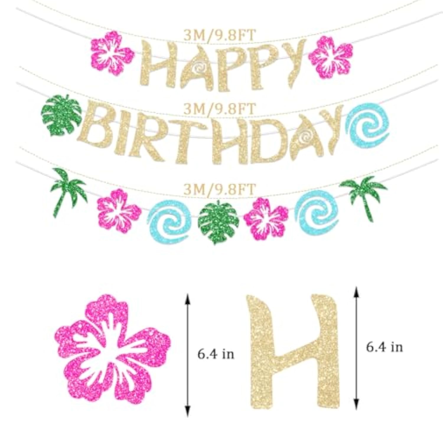 Hawaiian Moana Birthday Banner Party Decoration Glittery Gold For Happy Birthday Tropical Luau Summer Baby Shower Decor