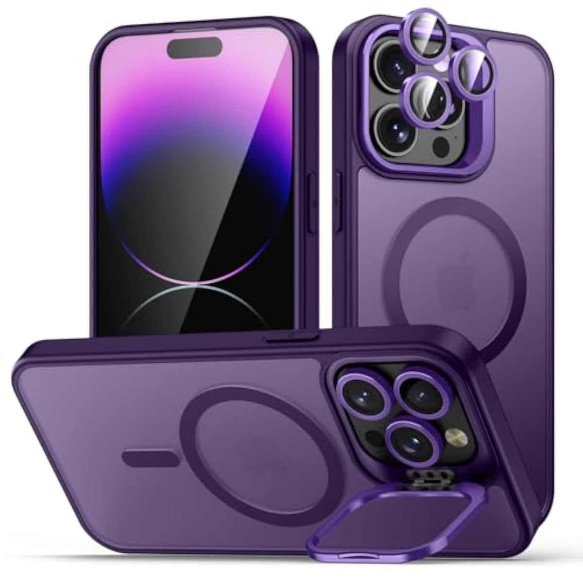 Purple iPhone 14 Pro Max Case with MagSafe Compatibility, Built-in Camera Ring Stand, Individual Camera Cover, and Military-Grade Drop Protection