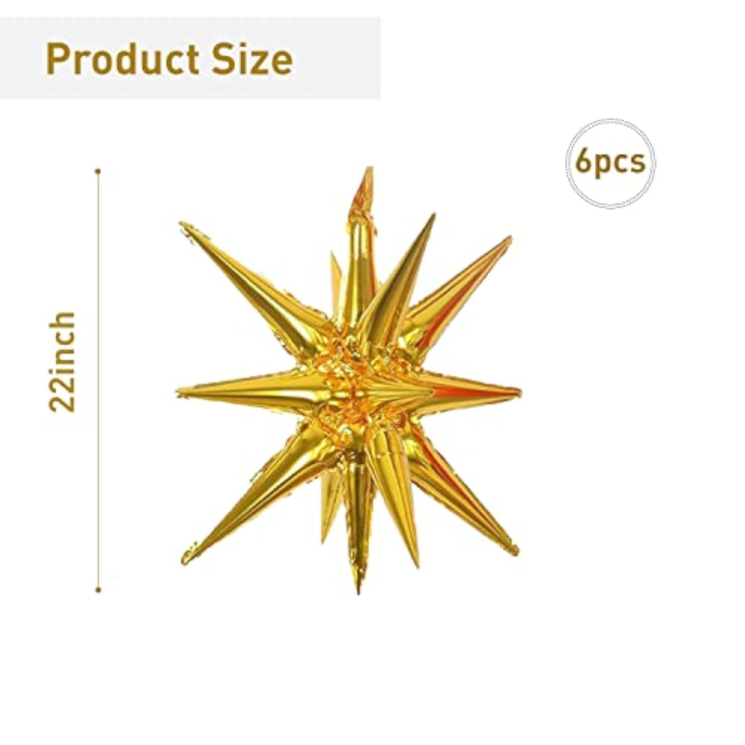 6 Pcs 22-Inch Gold Starburst Foil Balloons 14-Pointed 4D Star Cone Decor