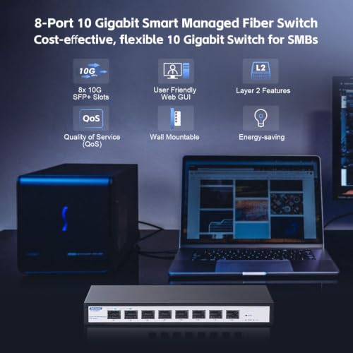 8 Port 10Gbps Sfp+ Managed Switch, Support 1G/2.5G/10G Sfp Module, 160Gbps Bandwidth, Desktop|Wallmount Metal Fanless, Managed Fiber Switch