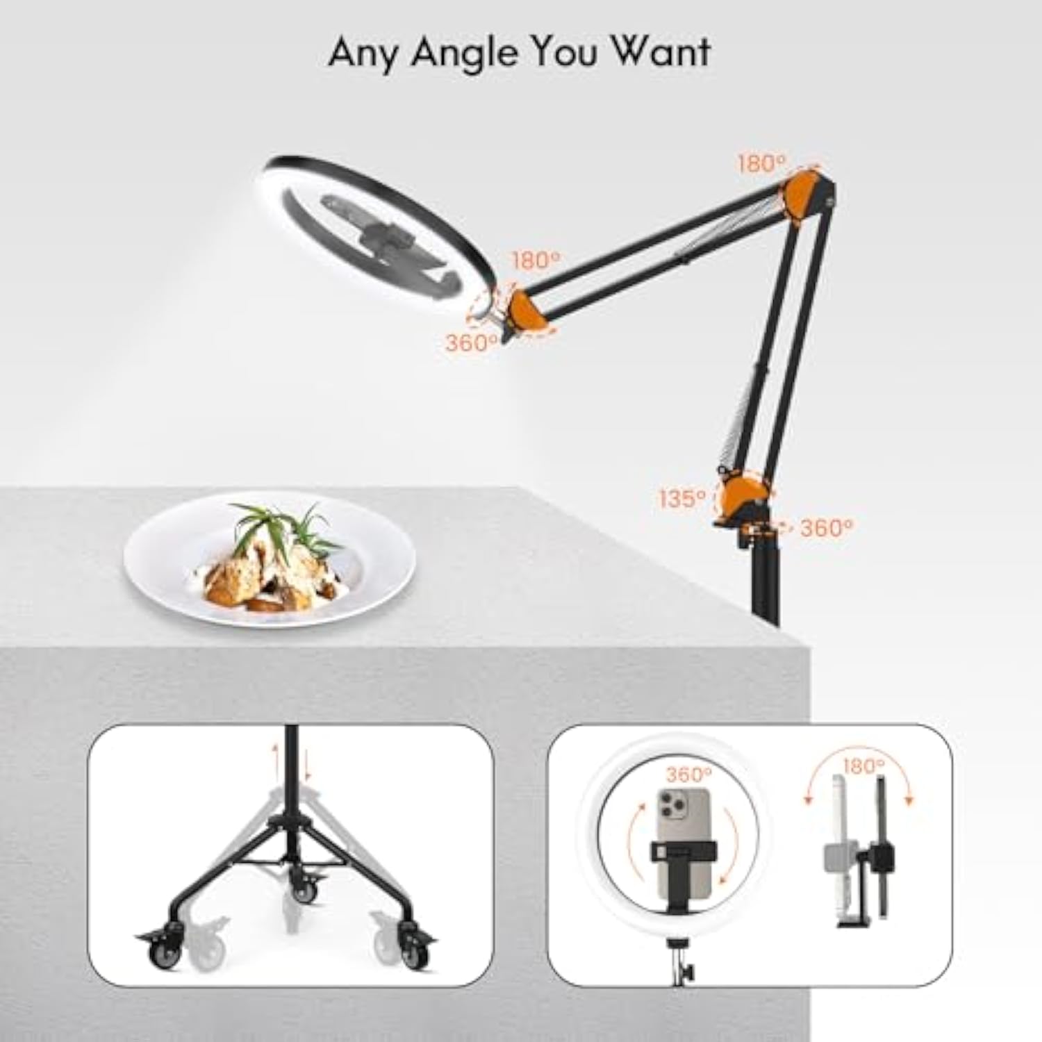 Overhead Phone Mount,Selfie Ring Light With Stand And Phone Holder For Desk,Overhead Camera Mount For Iphone 10" Ring Light,Iphone Tripod For Video Recording/Live Streaming/Vlog/Laptop
