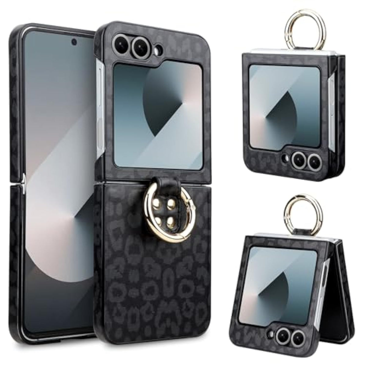 For Samsung Galaxy Z Flip 6 Case With Ring, Soft Pu Leather Full Body Anti-Scratch Shockproof Protective Slim Flip 6 Phone Case For Galaxy Z Flip 6 For Women Girls, 5G 2024 Leopard Black