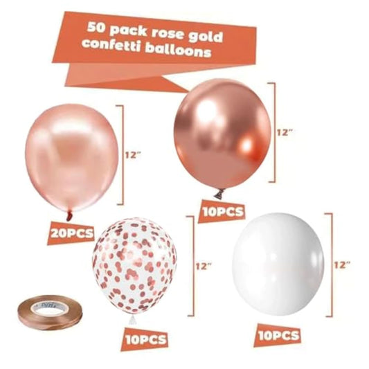 Rose Gold Confetti Balloons, 50Pcs 12 Inch Metallic Confetti White And Rose Gold Latex Balloons With 33 Feet String For Birthday Party Wedding Anniversary Gender Revea Decorations