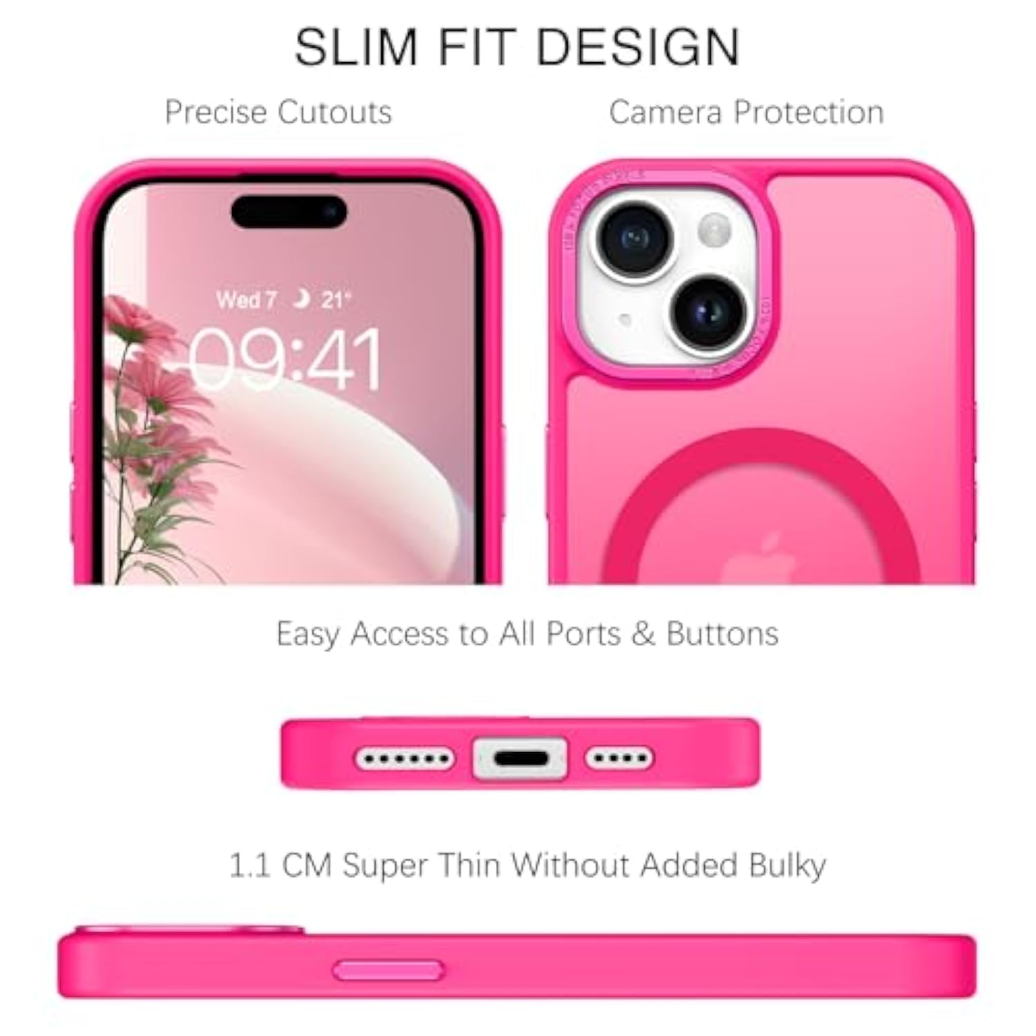 Magnetic For 15 Plus Case, 15Plus Phone Case Compatible With Magsafe, Translucent Matte Protective Cover Shockproof Women Girl Cute Case For 15Plus 6.7", Hot Pink