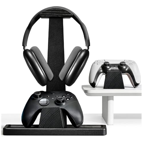 Headset Stand with 2 Controller Holders - Solid Wood & Metal Gaming Headphone Holder for Switch, Controllers, and Desk Accessories (Black)