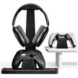 Headset Stand with 2 Controller Holders - Solid Wood & Metal Gaming Headphone Holder for Switch, Controllers, and Desk Accessories (Black)