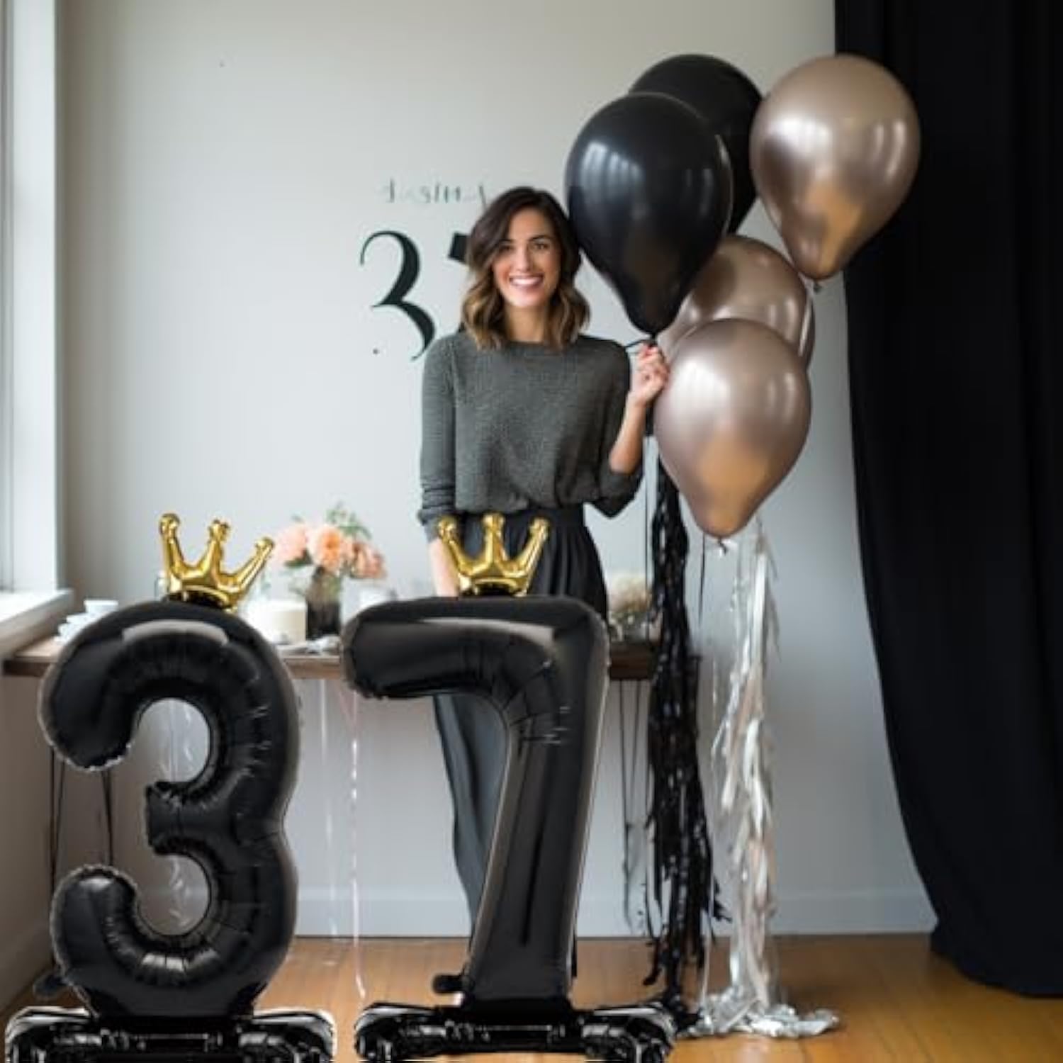 42-Inch Black Number 7 Foil Balloon with Crown for Birthday and Anniversary