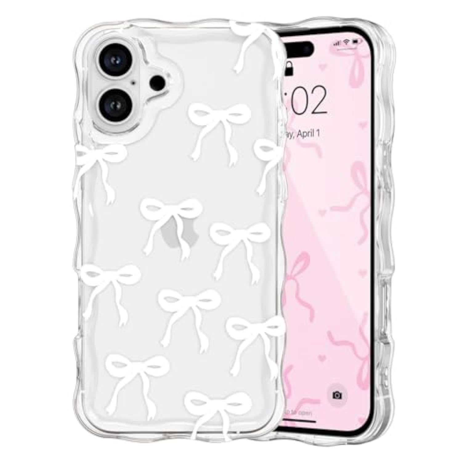 Bow Case For Iphone 16, Cute Ribbon Bows Wavy Curly Frame Clear Phone Case For Girls Women, Aesthetic Bowknot Transparent Soft Silicone Tpu Bumper Shockproof Protective Cover - White