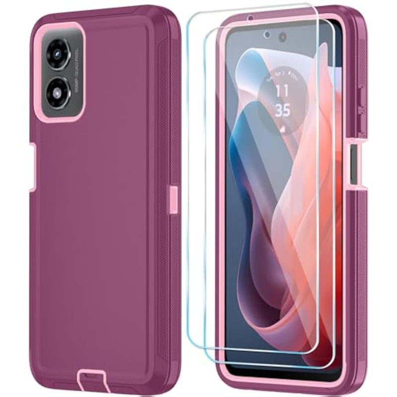 Phone Case For Motorola Moto G Play 2024 4G Case With Hd Screen Protector, Heavy Duty Shockproof & Dropproof 3-Layer Cover Phone Case For Moto G Play 2024 (Winered Pink)