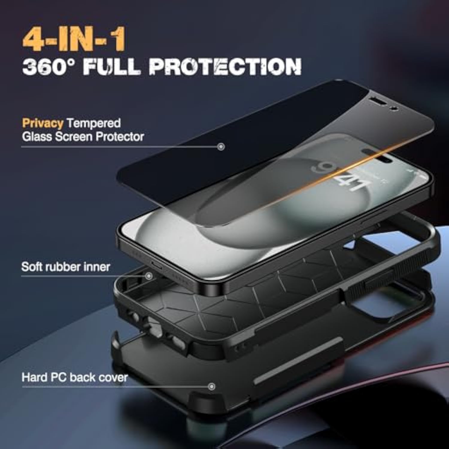 Designed For Iphone 15 Case, [With Privacy Screen Protector] [Anti Spy] [Military Grade Drop Protection] Heavy Duty Full-Body Shockproof Phone Case, Black