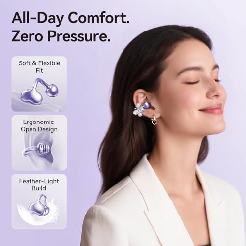 Clipfree Open-Ear Headphones, Butterfly-Inspired Ear-Cuff Design, Stylish & Comfortable Clip-On Ear Buds, Wireless Earbuds For Women, Long Battery Life, Great For Gifting - Purple