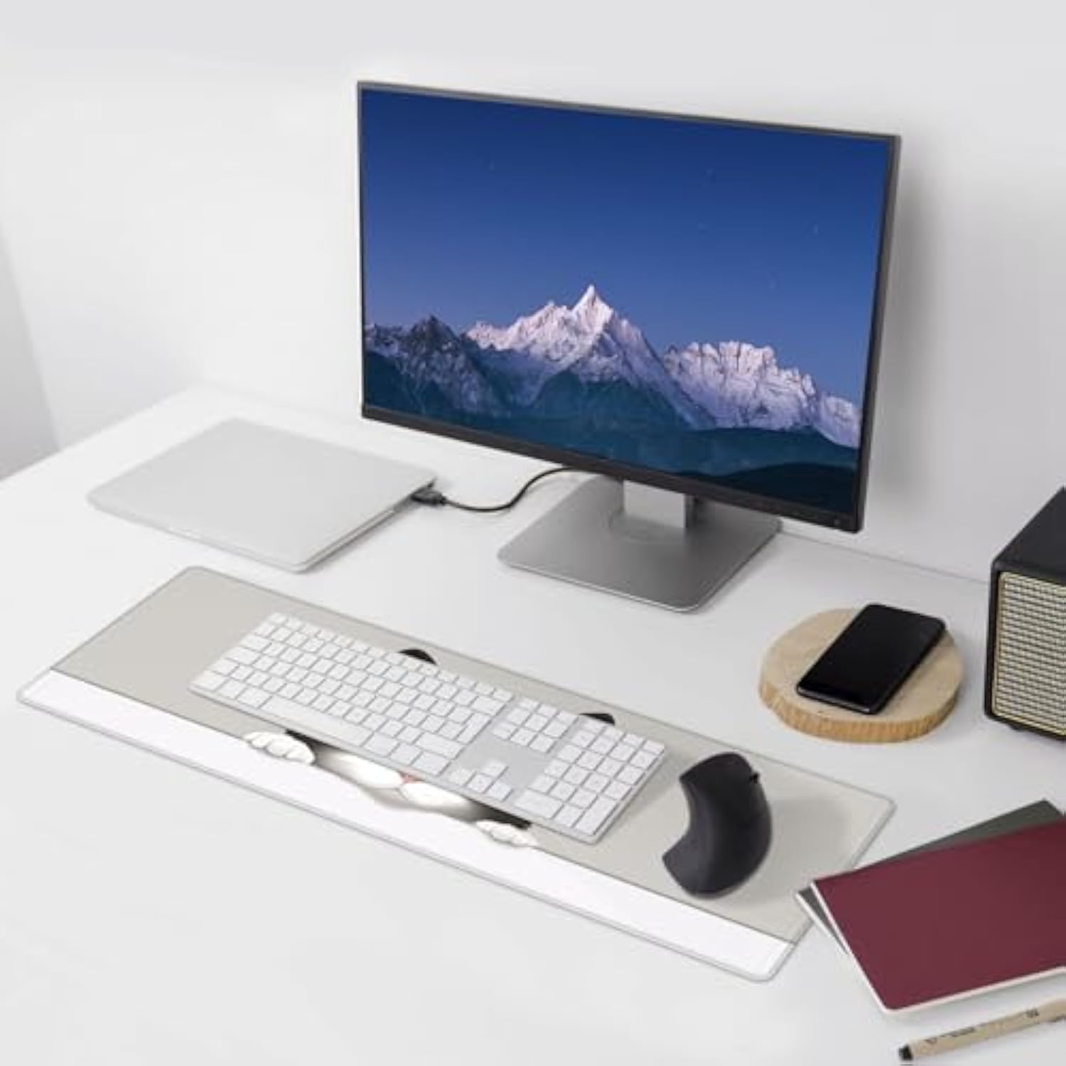 Laptop Mouse Pad Curious Cute Cat Desk Mat With Stitched Edges 31.5X 11.8 Inch Non-Slip Large Keyboard Rubber Writing Table Mat For Office Home