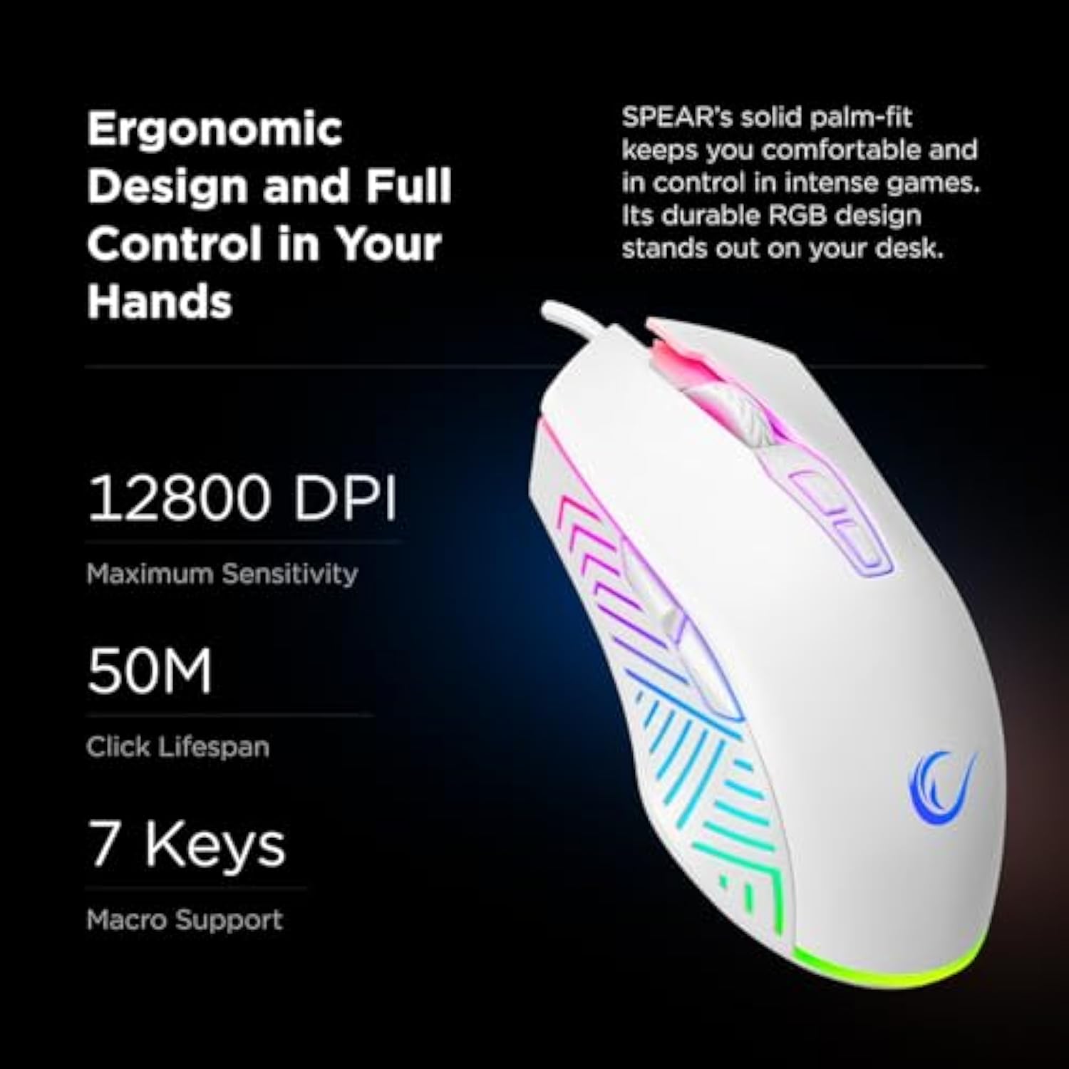 Rampage Spear V2 White Wired Gaming Mouse With Rgb Lighting – 12800 Dpi, 7 Programmable Buttons, Lightweight Ergonomic Gaming Mouse For Pc/Mac/Laptop Gamers