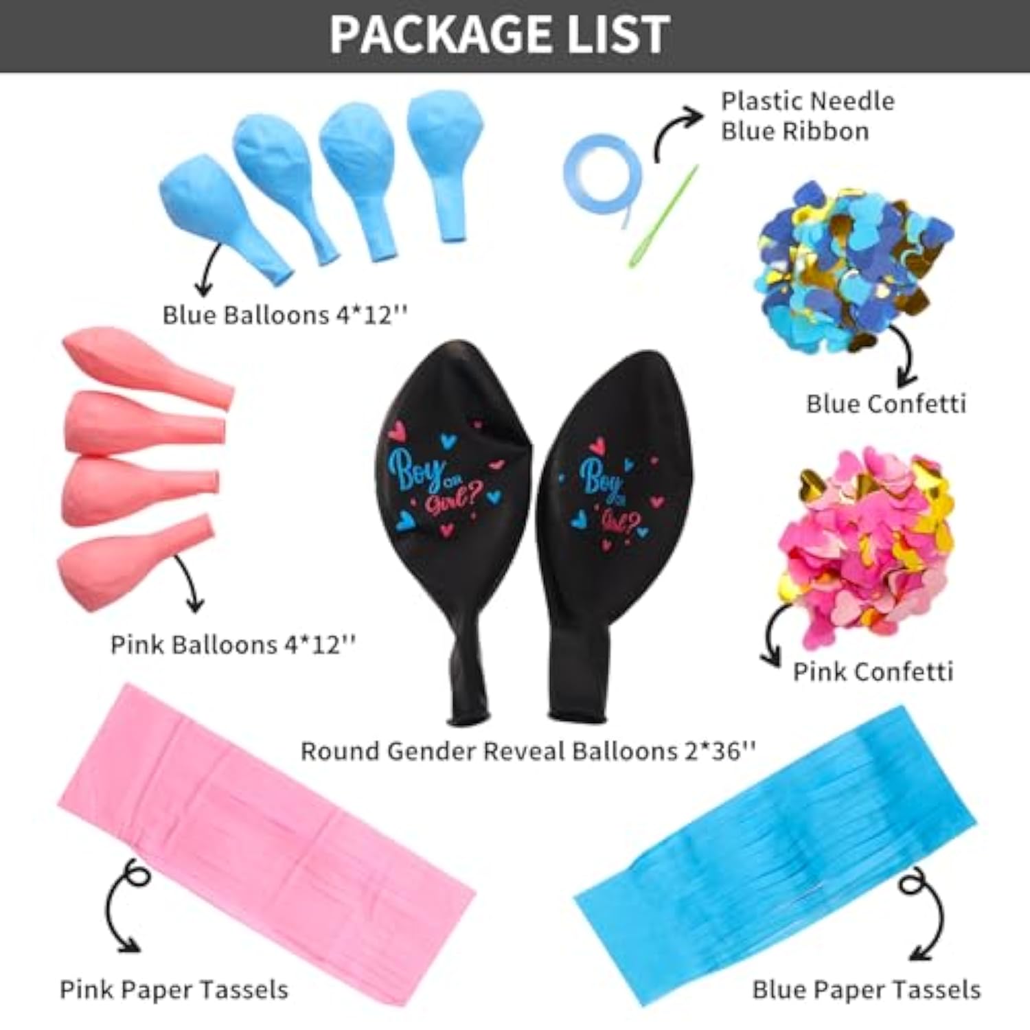16pcs Gender Reveal Kit with 36" Black Balloons, Blue Pink Balloons & Confetti