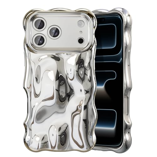 Ripple Case for iPhone 17 Pro Max, Cute Silver Cover Wave Shape for iPhone Case Pretty Aesthetic 3D Phone Cover, Water Ripple Shell 3D Chrome Design