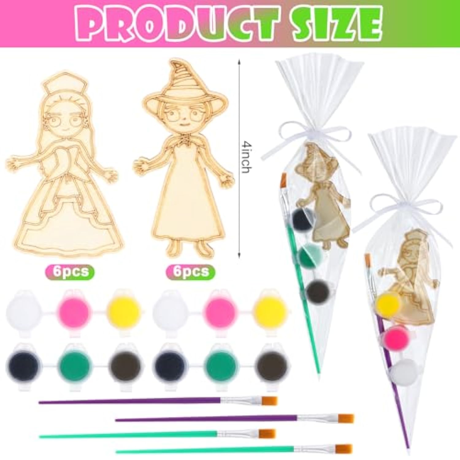 12 Sets Paint Your Own Witch Party Favors Pink And Green Princess Party Favors Diy Wood Painting Craft Kit Color Your Own Art Craft Kit(Witch)