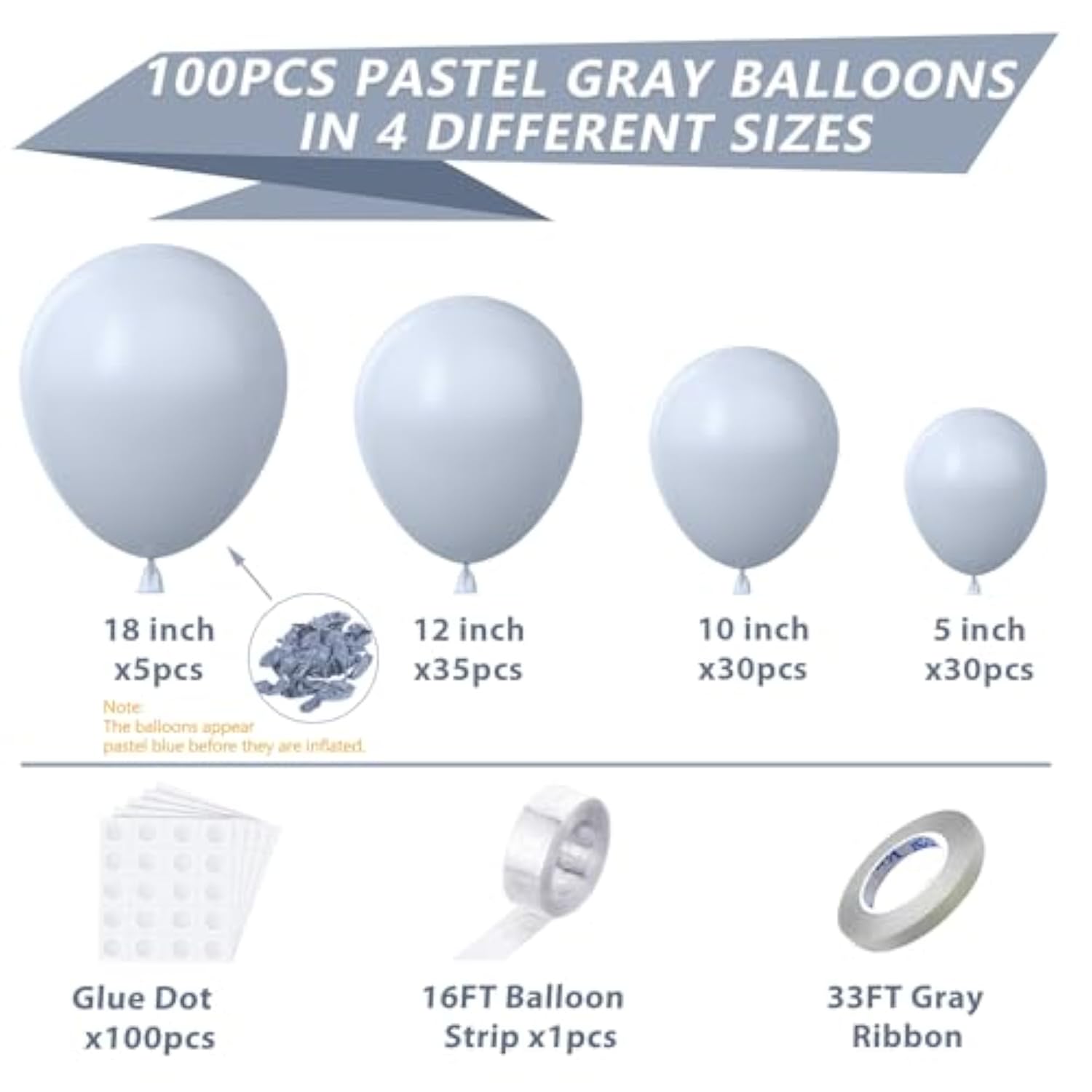 Gray Balloons Garland Arch Kit, 100Pcs 18In 12In 10In 5In Pastel Gray Latex Balloons With Glue Dot Strip And Ribbon For Birthday Weddings Anniversary Graduation Party Decorations